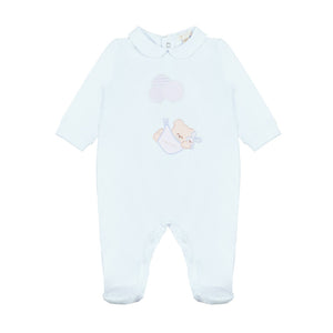 Blauer Strampler mit Teddybär und Nanan-Luftballons