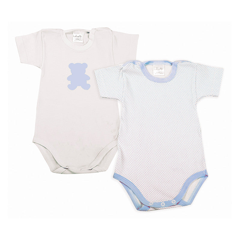 Set aus 2 Babybodys mit blauen Tupfen und halben Ärmeln – 0 Monate